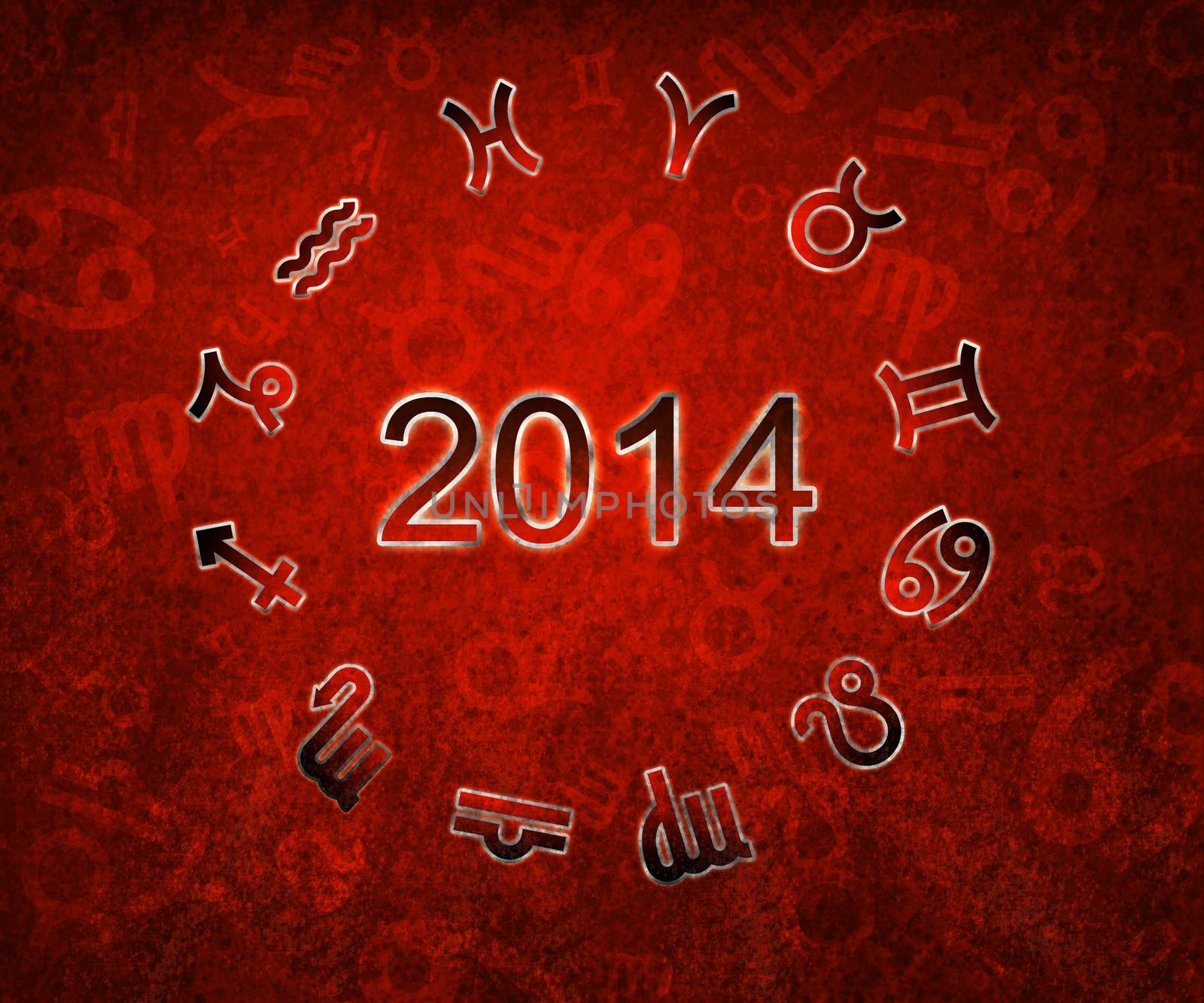 2014 Zodiac circle with zodiac signs on the red grunge background