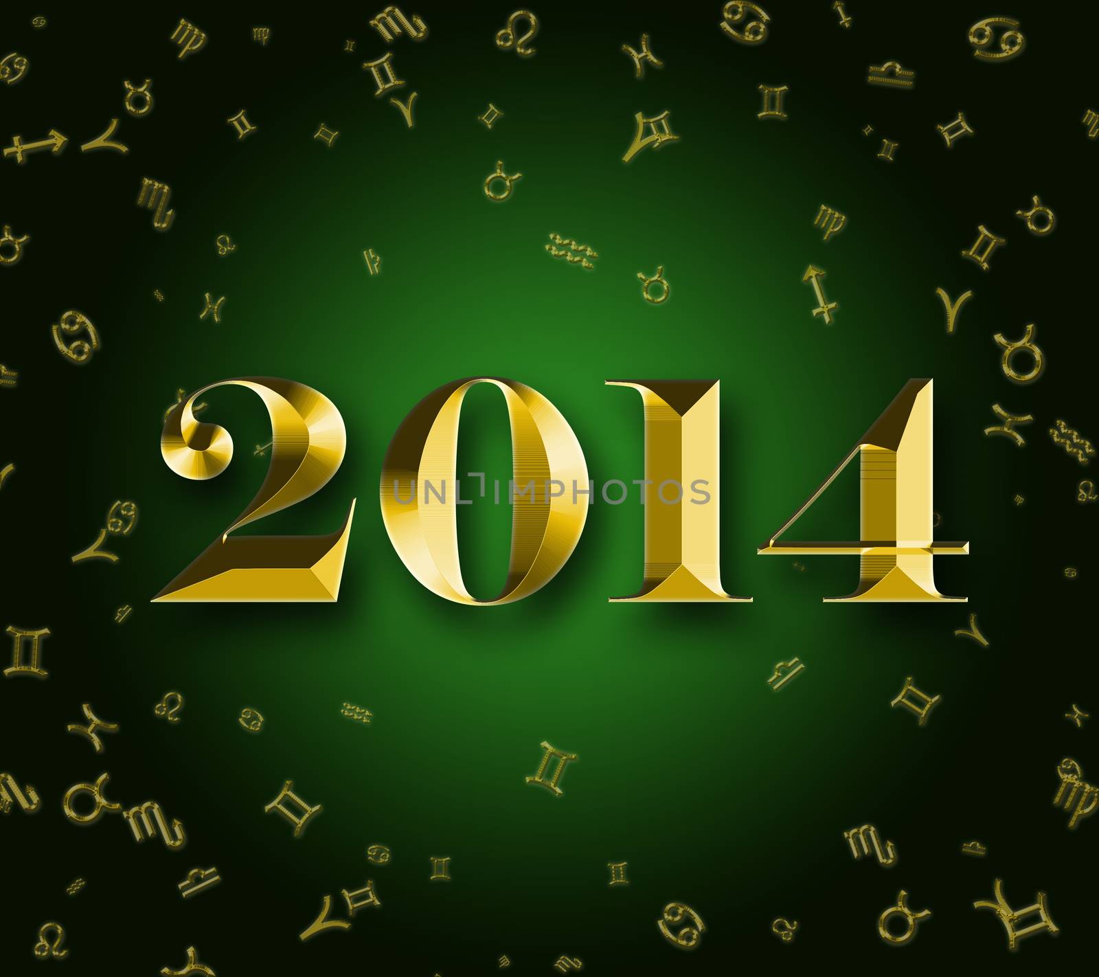 golden 2014 and astrology signs in dark green background by Dddaca