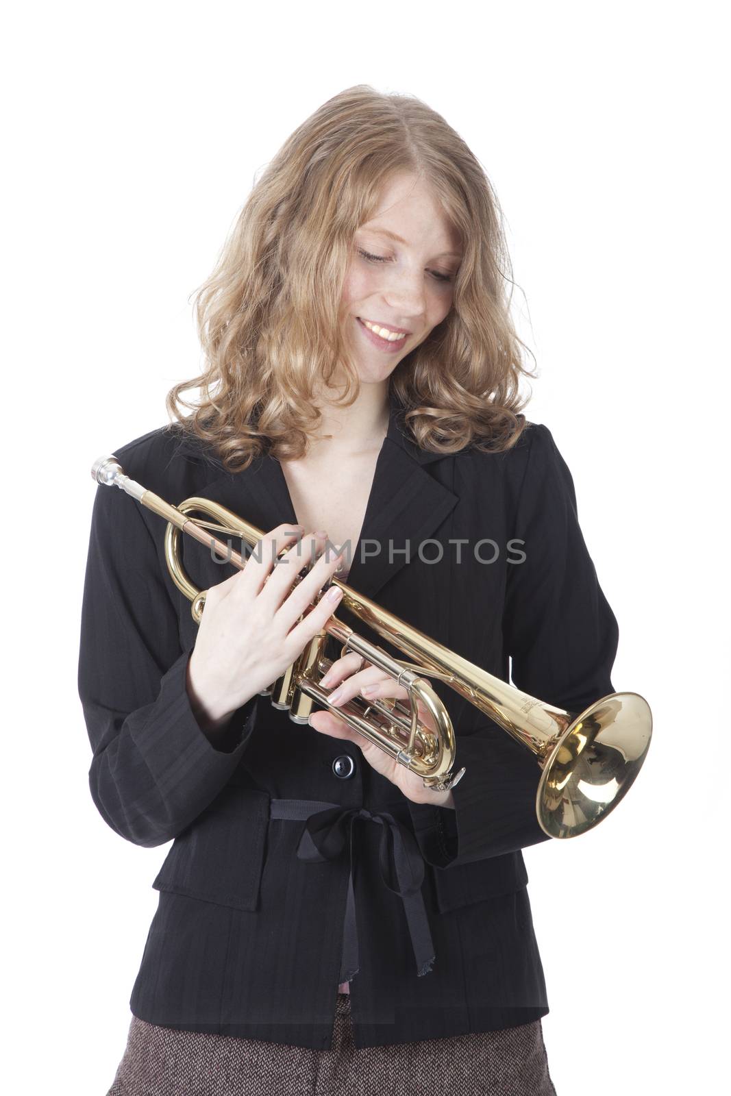 young pretty woman trumpet against white background