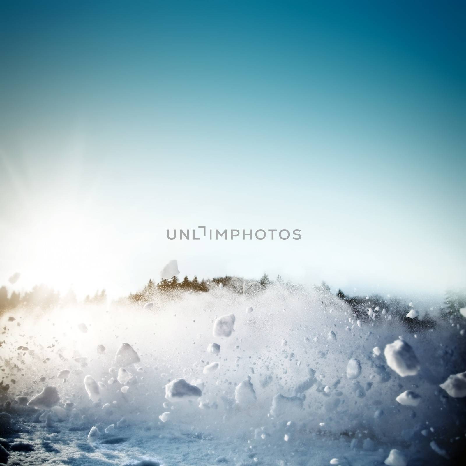 Avalanche in mountains. Real close-up photograph, fast snow motion towards camera