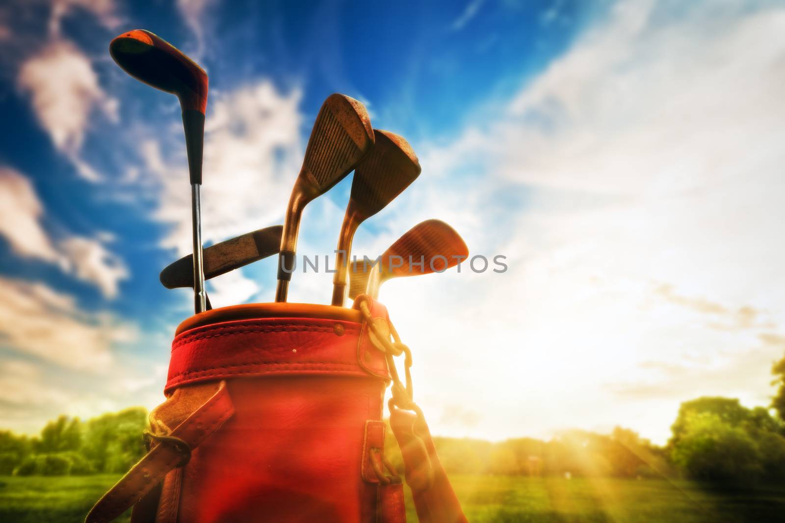 Golf equipment. Professional golf clubs in a leather baggage at sunset