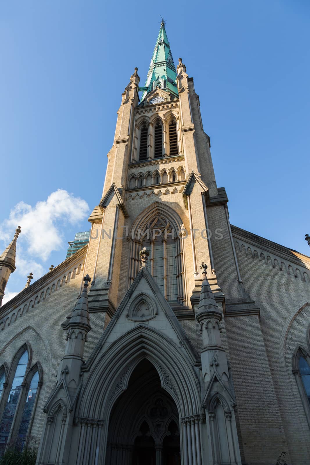 The tower and spire of St James Cathedral Church in downtown Toronto city Ontario Canada