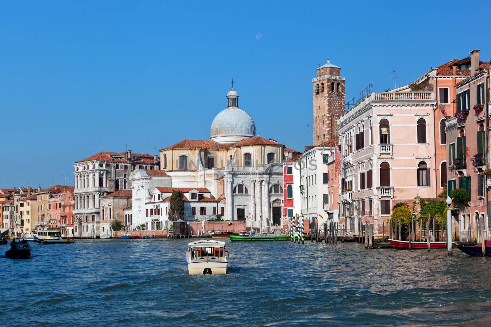 Venice Grand Canal, Italian Canal Grande at sunny summer day. Old Venetian architecture, boats