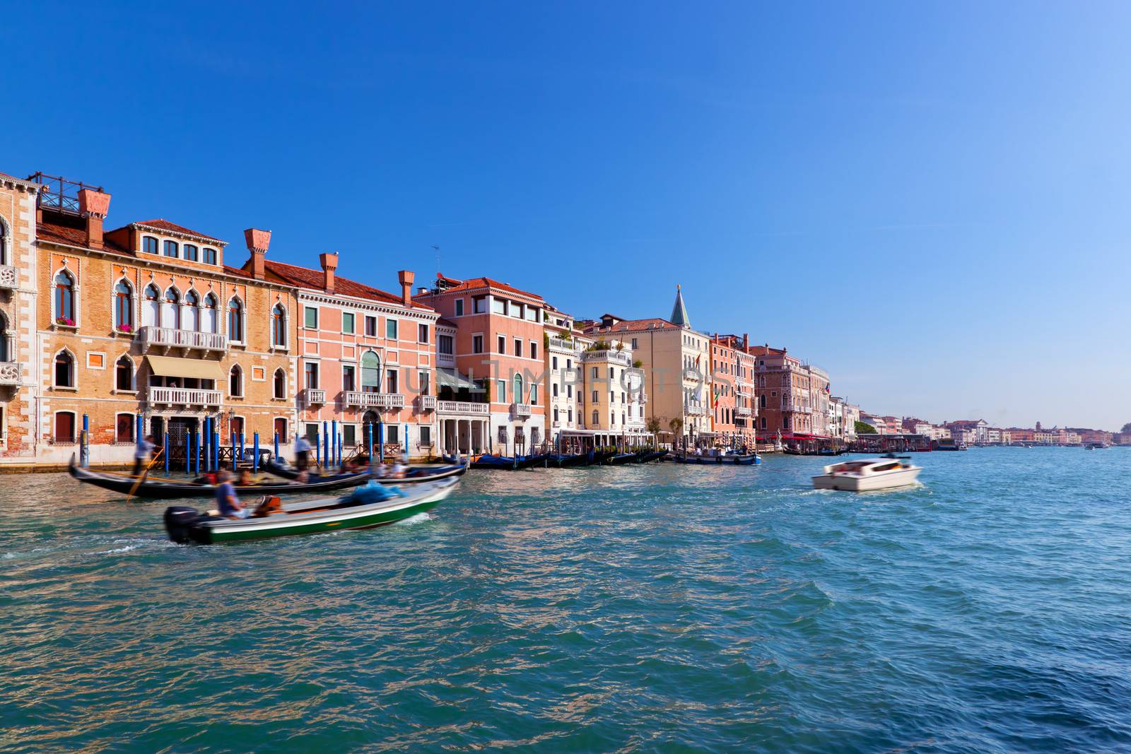 Venice Grand Canal, Italian Canal Grande at sunny summer day. Old Venetian architecture, boats