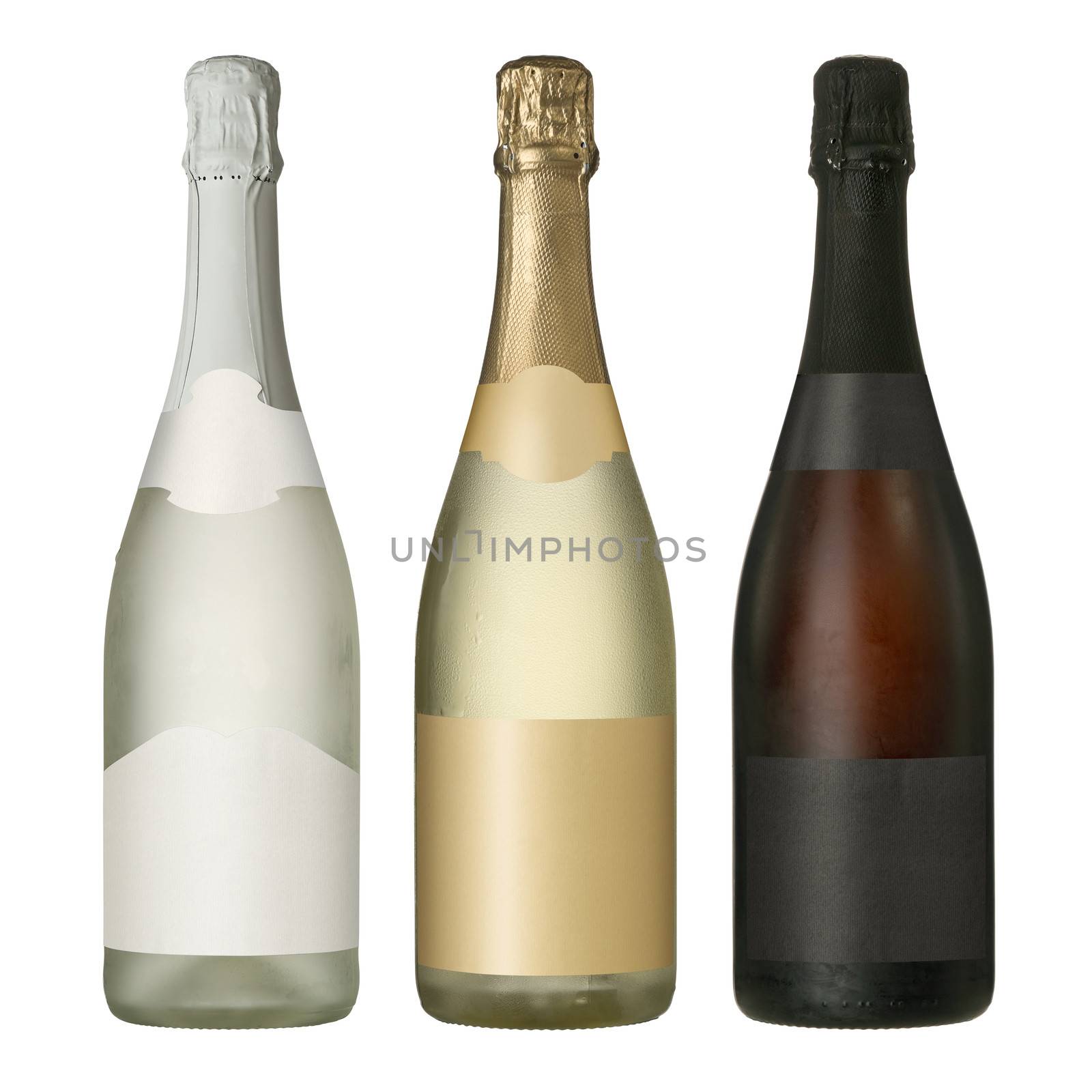 Three merged photographs of different champagne or sparkling wine bottles with blank labels.  Separate clipping paths for bottles included.
