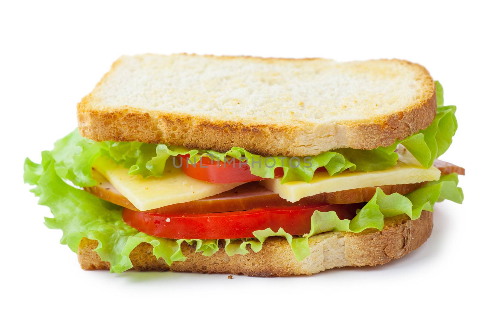 Single sandwich with fresh cheese, salad and meat isolated over white background