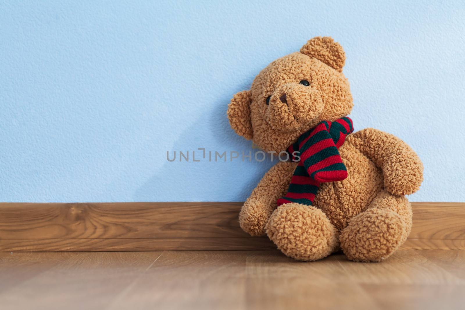 Single teddy bear on a floor in a child room