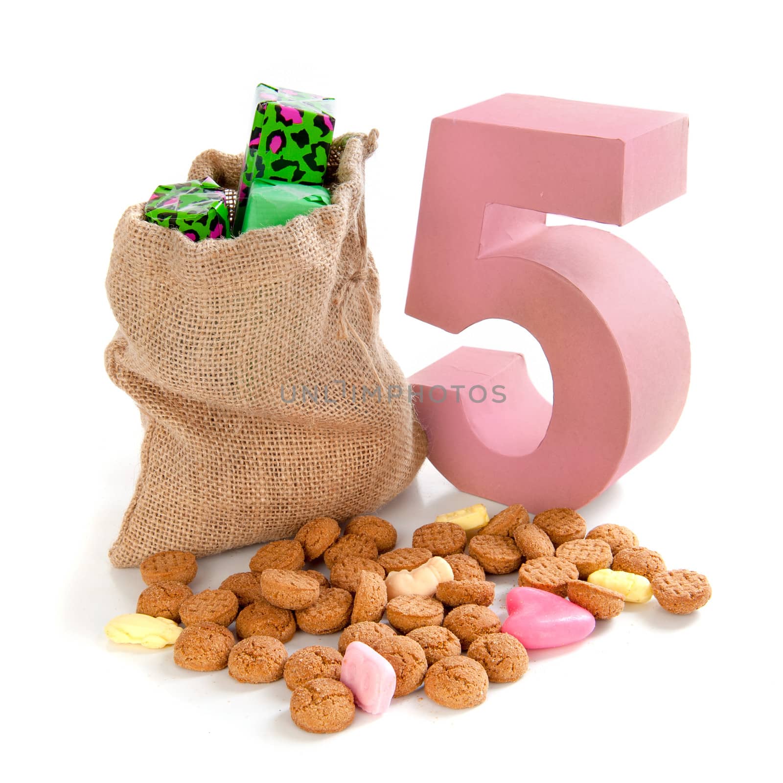 A jute bag with gingernuts, for celebrating the dutch holiday " sinterklaas " on the fifth of December