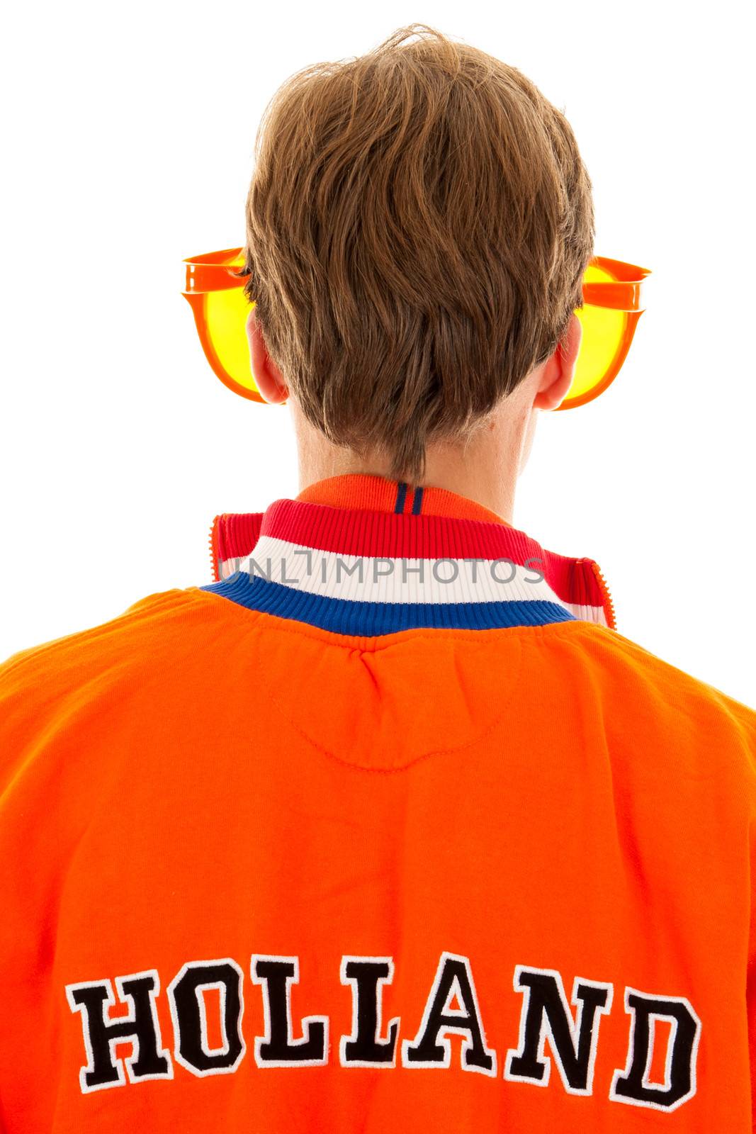 the back of  a supporter of the dutch soccer team