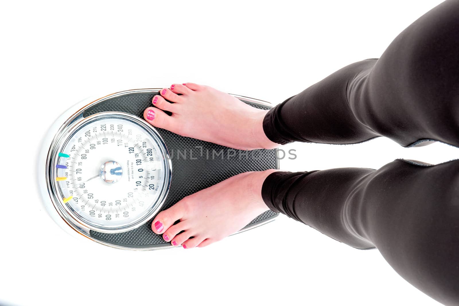 Standing on a weigh scale on a white background