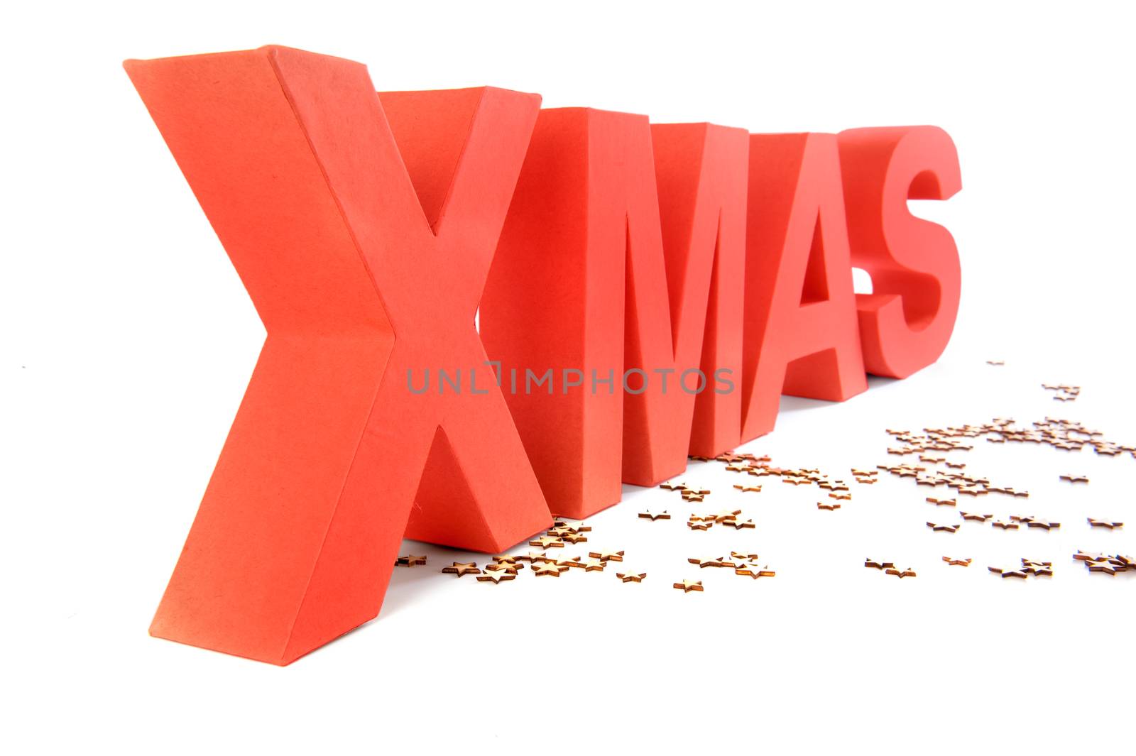 Xmas, written in red letters on a white background with stars