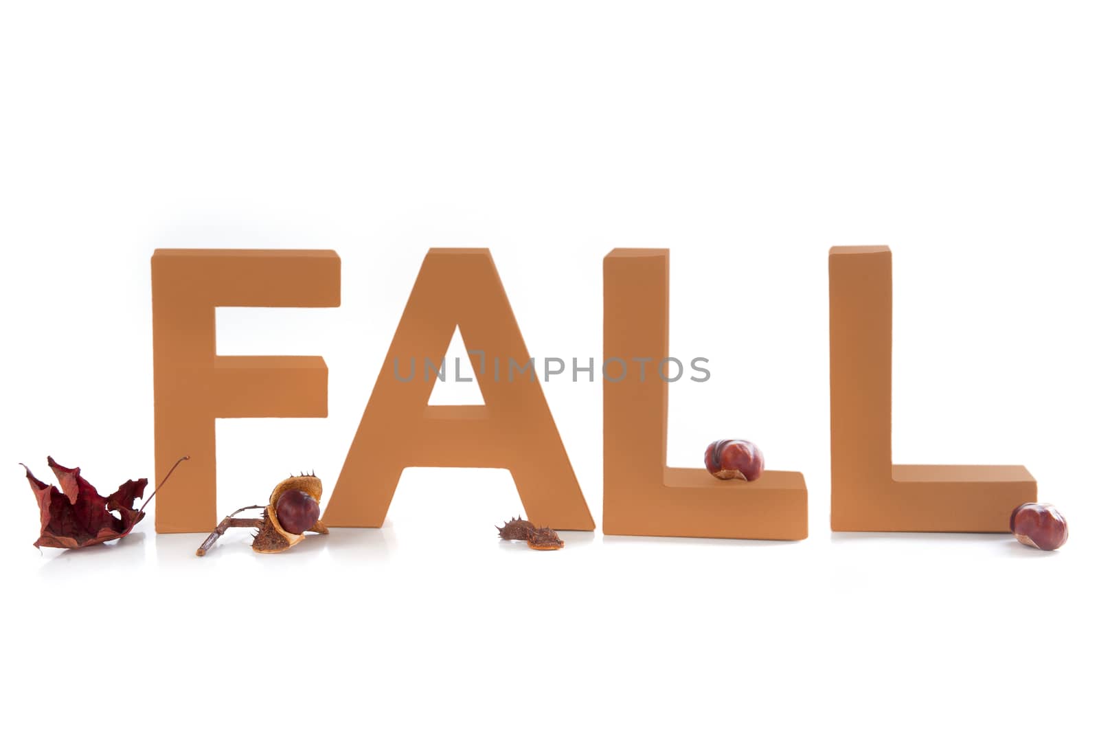 Letters make the word Fall, with Autumn leaves and chestnuts