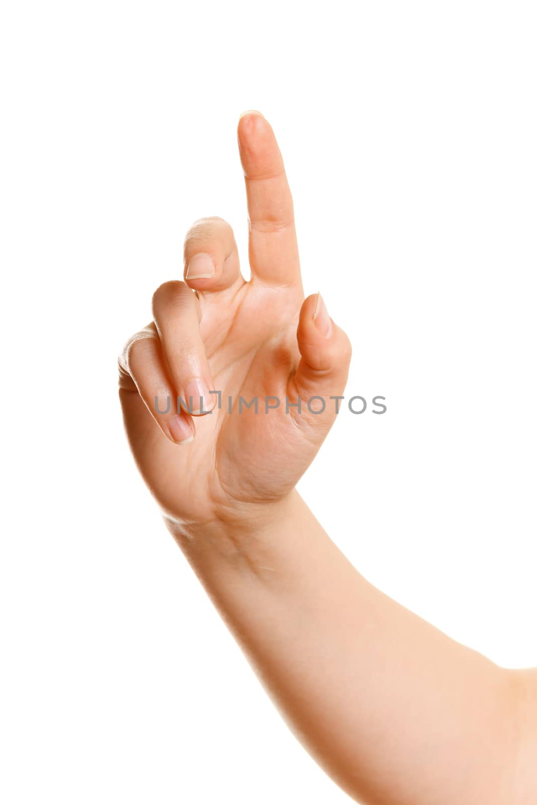 Female hand pushing a button on a white background