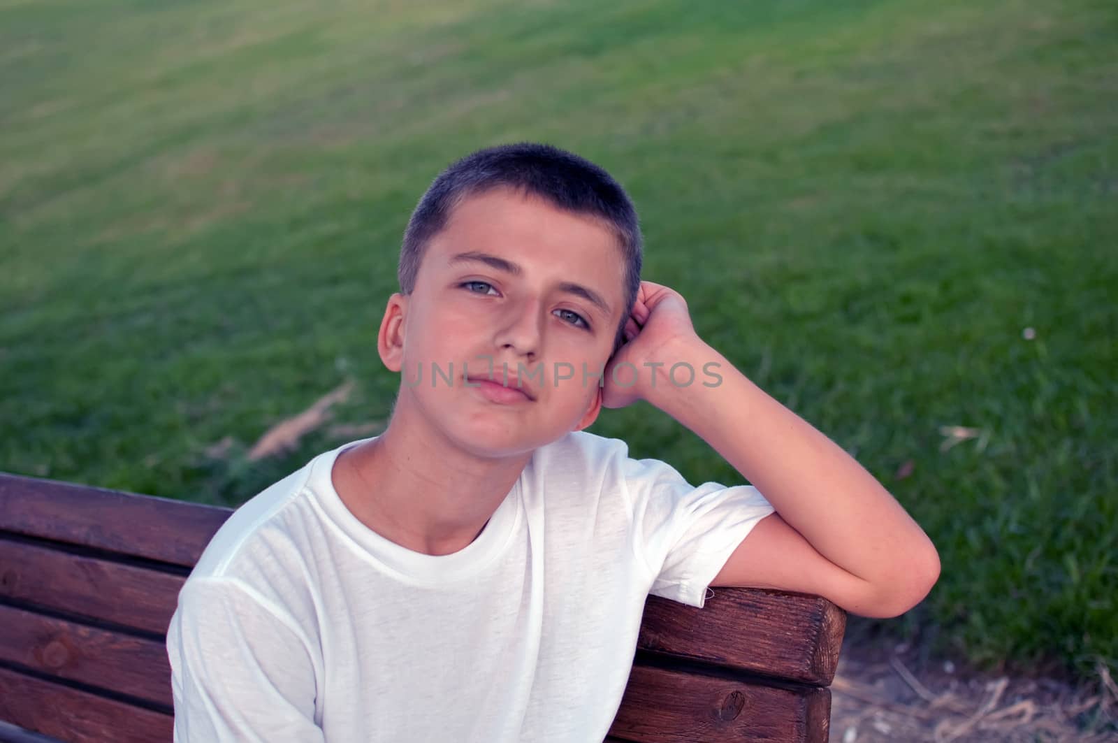 Boy sitting on a park bench with green meadow on the background .