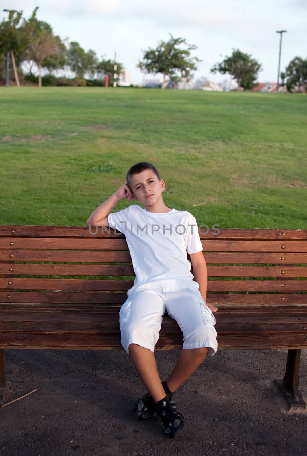 Boy sitting on a park bench with green meadow on the background .