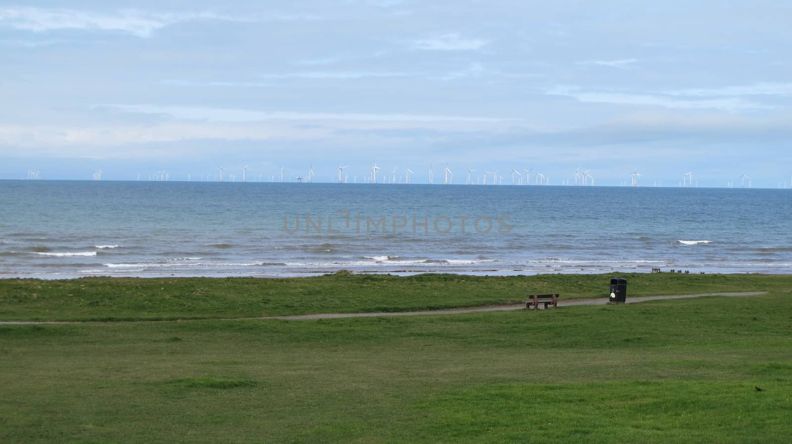 Sea and windfarm at Barrow in Furness Cumbria Uk