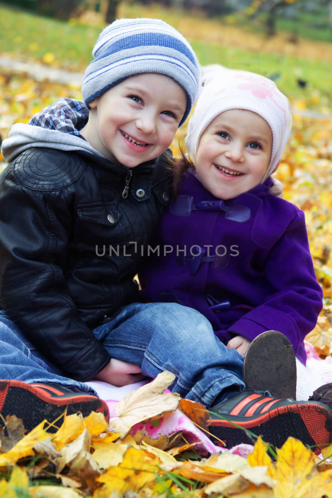 Happy little sister and brother together on autumn leaves