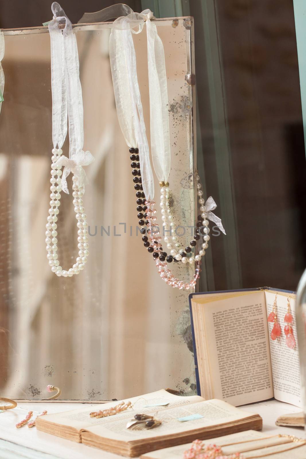 beautiful romantic jewelry accessory decorative in shop window in summer 