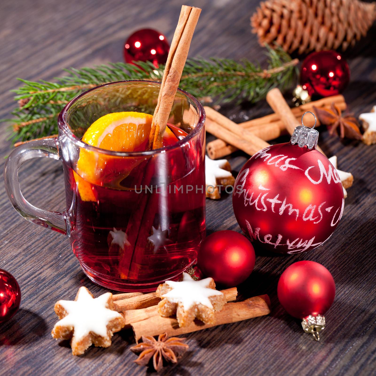 festive glitter christmas decoration bauble seasonal wintehot tasty spicy mulled red wine with orange and cinnamon christmas time winter 