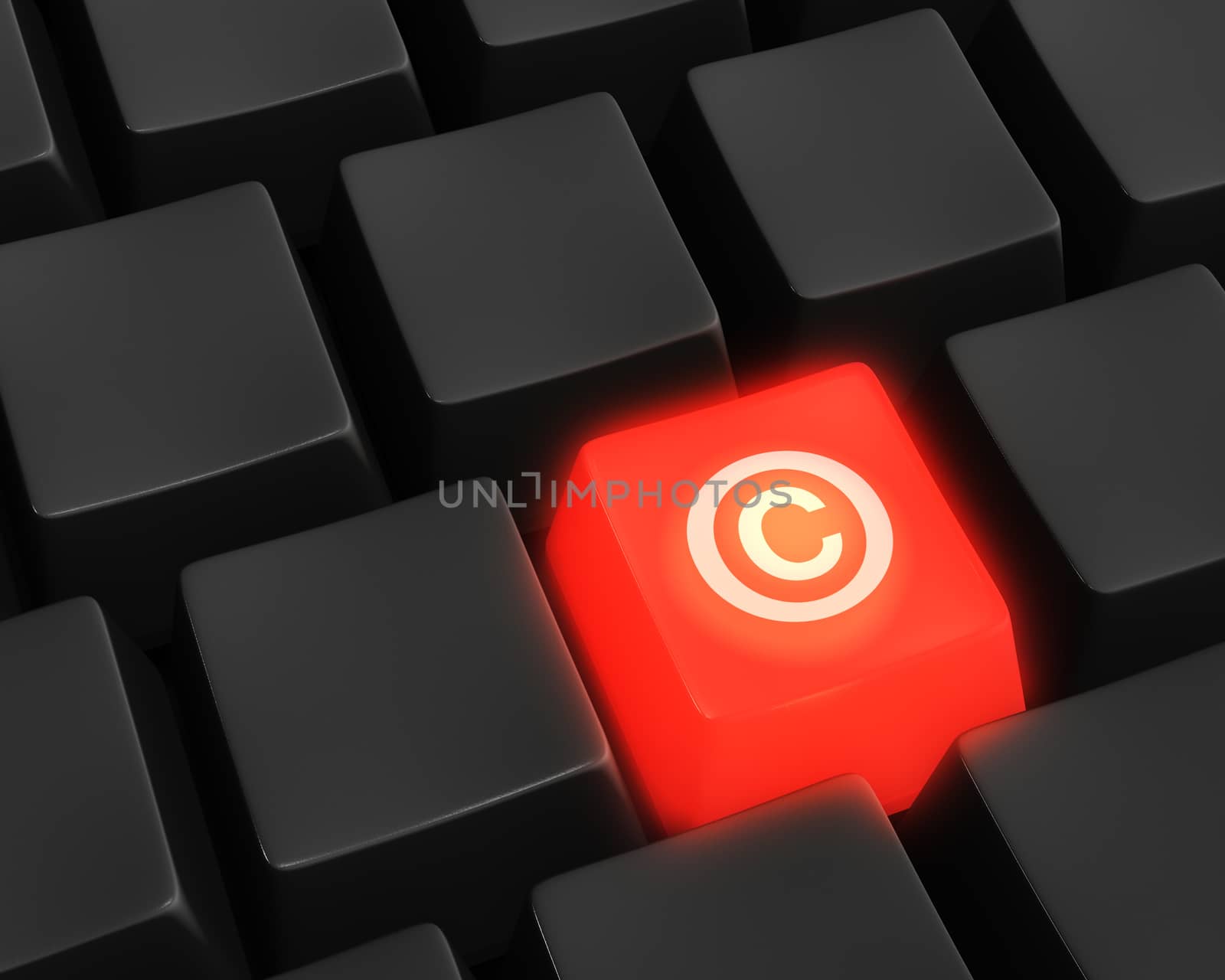 Close up photo-real illustration of unlabeled, black computer keyboard keys surrounding a single red glowing key labeled with the copyright symbol.