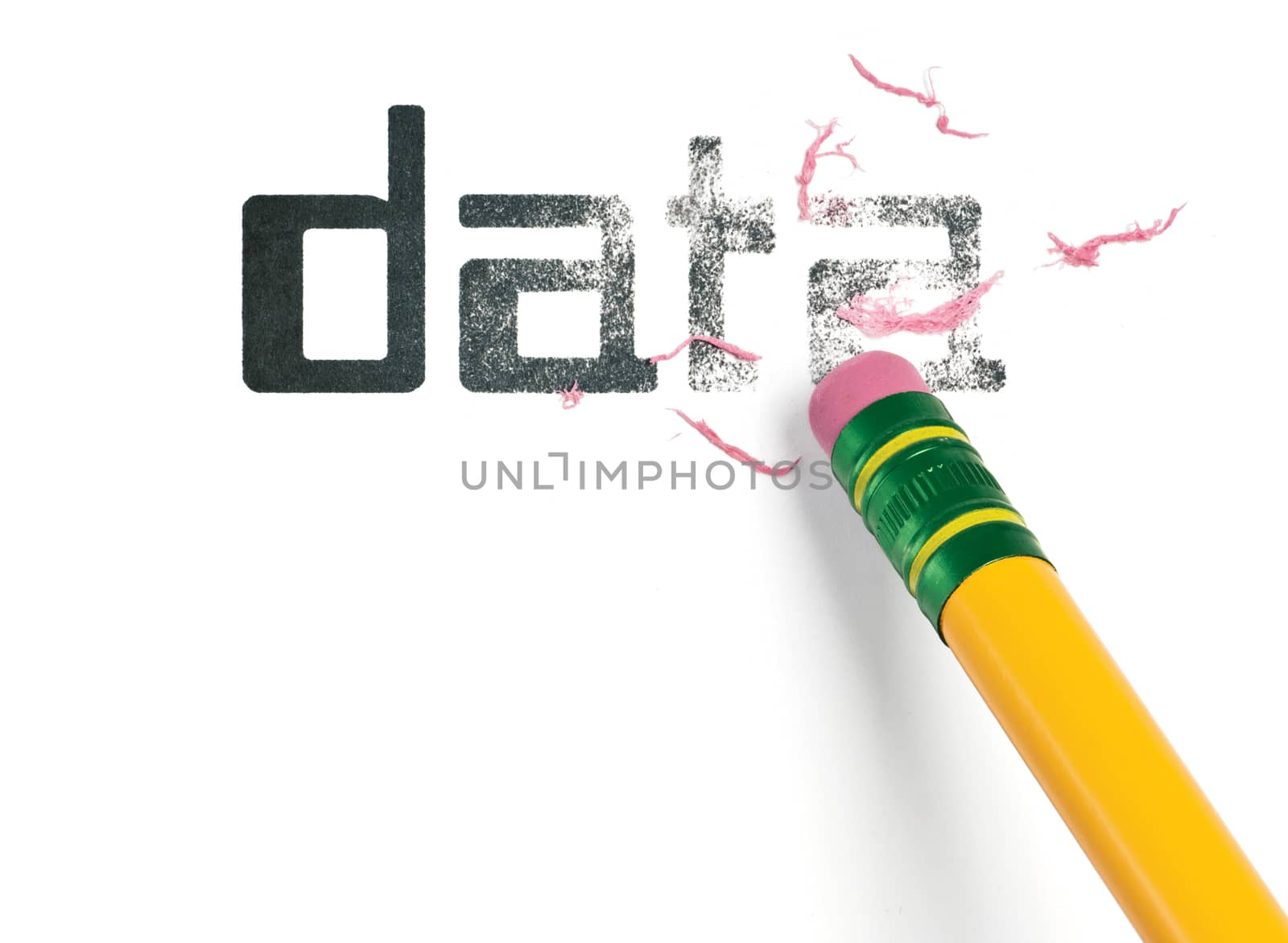 Close up of a yellow pencil erasing the word, 'Data'. Isolated on white.