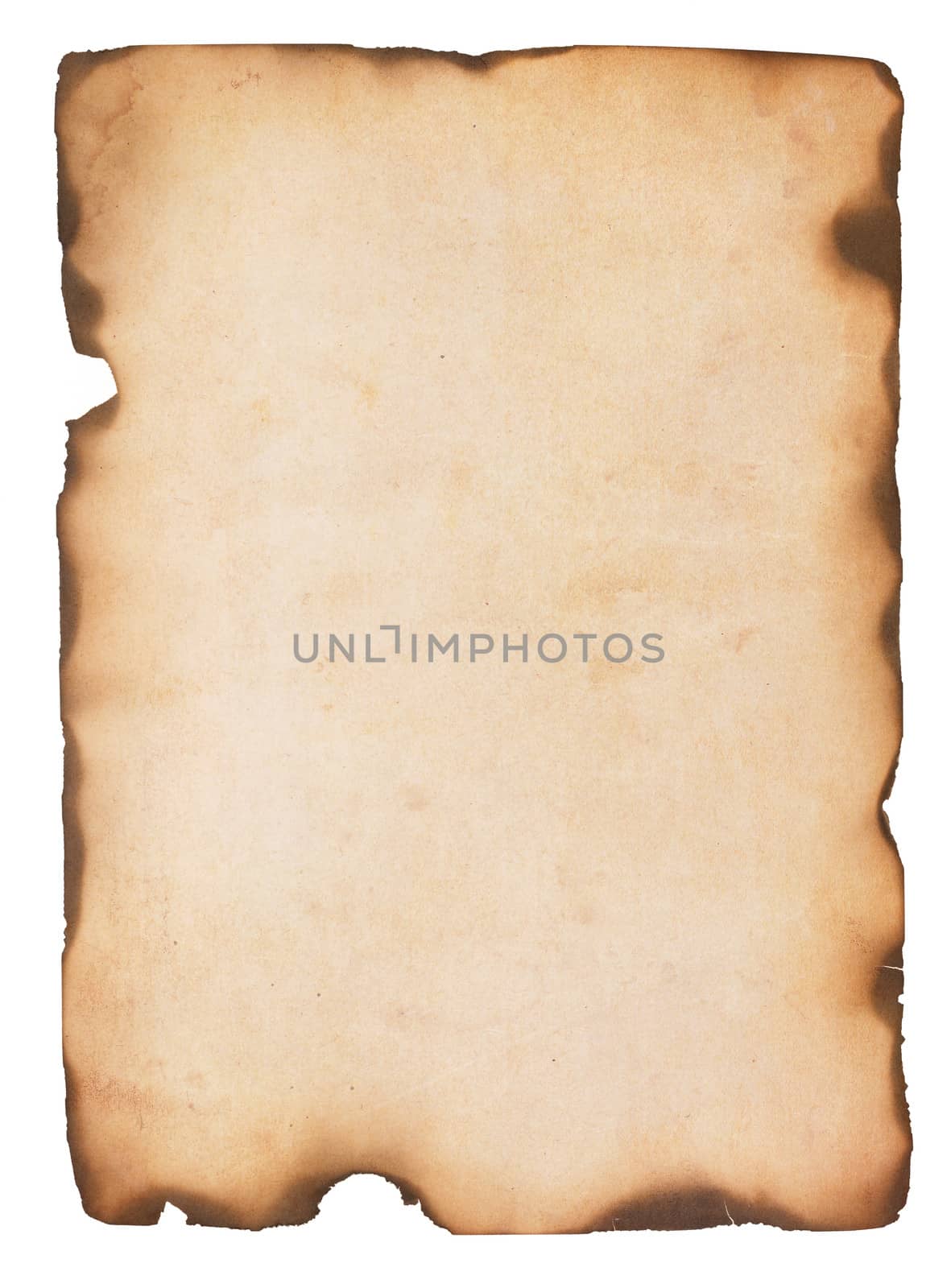 Aged and stained paper with fire damaged and burned edges. Isolated on white.
