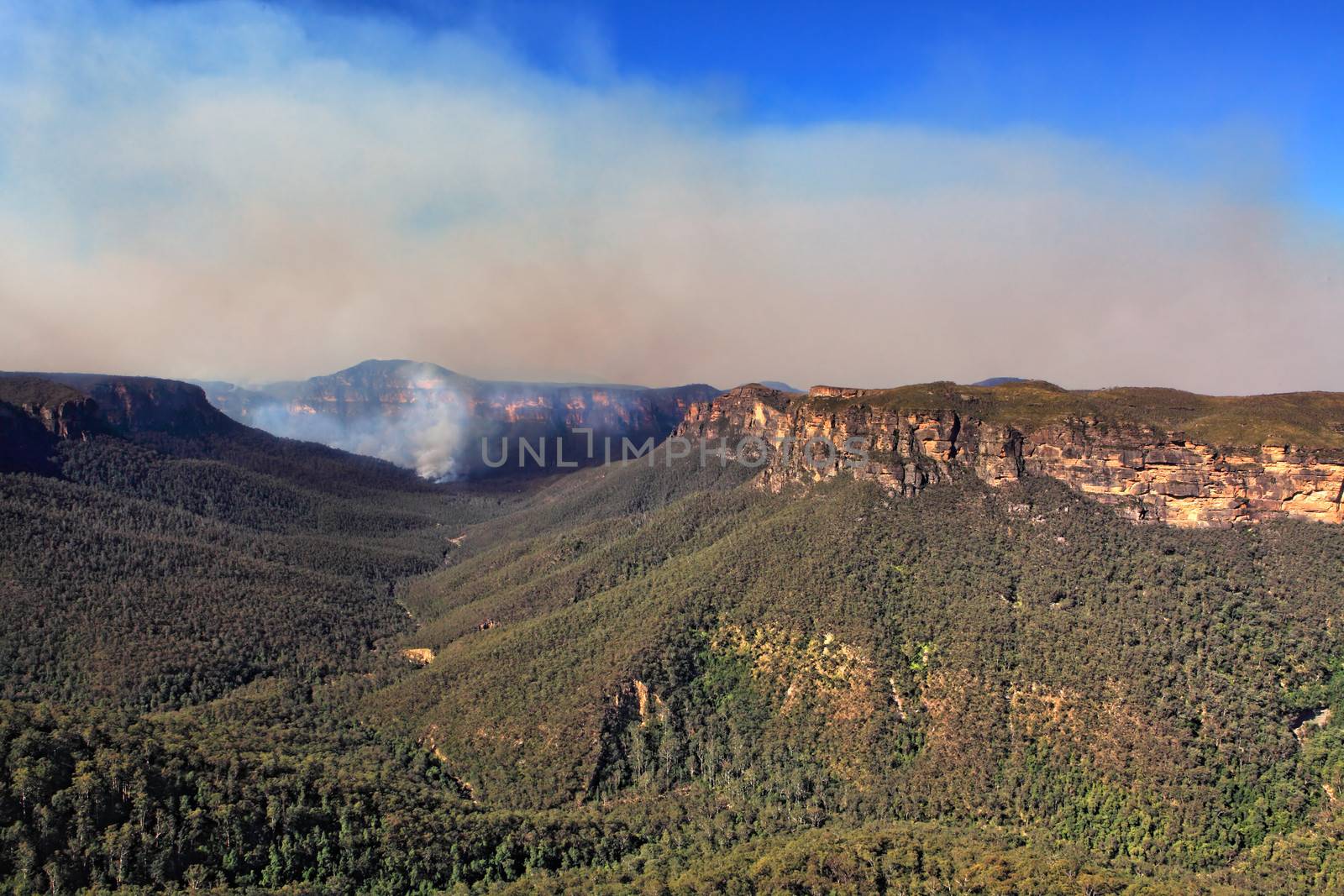 Bushfire in the Grose Valley, B lue Mountains, Australia has threatened towns on the escarpment.  The fireedge is around 66kms with access into valley via trails.  The Valley is over 600-1000m deep..  View from Blackheath