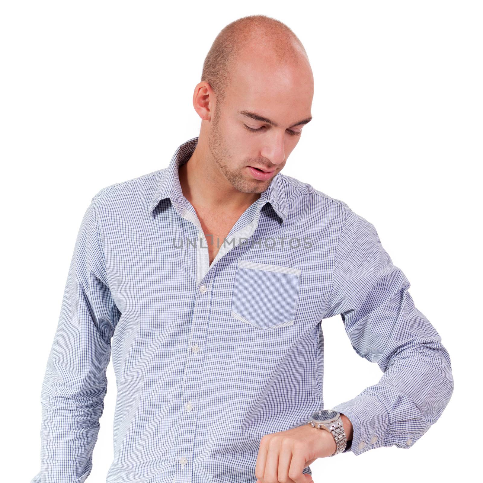 young adult business man looking at watch portrait isolated