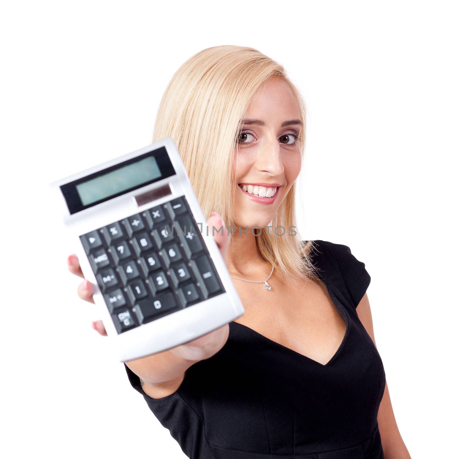 attractive smiling business woman with calculator isolated by juniart