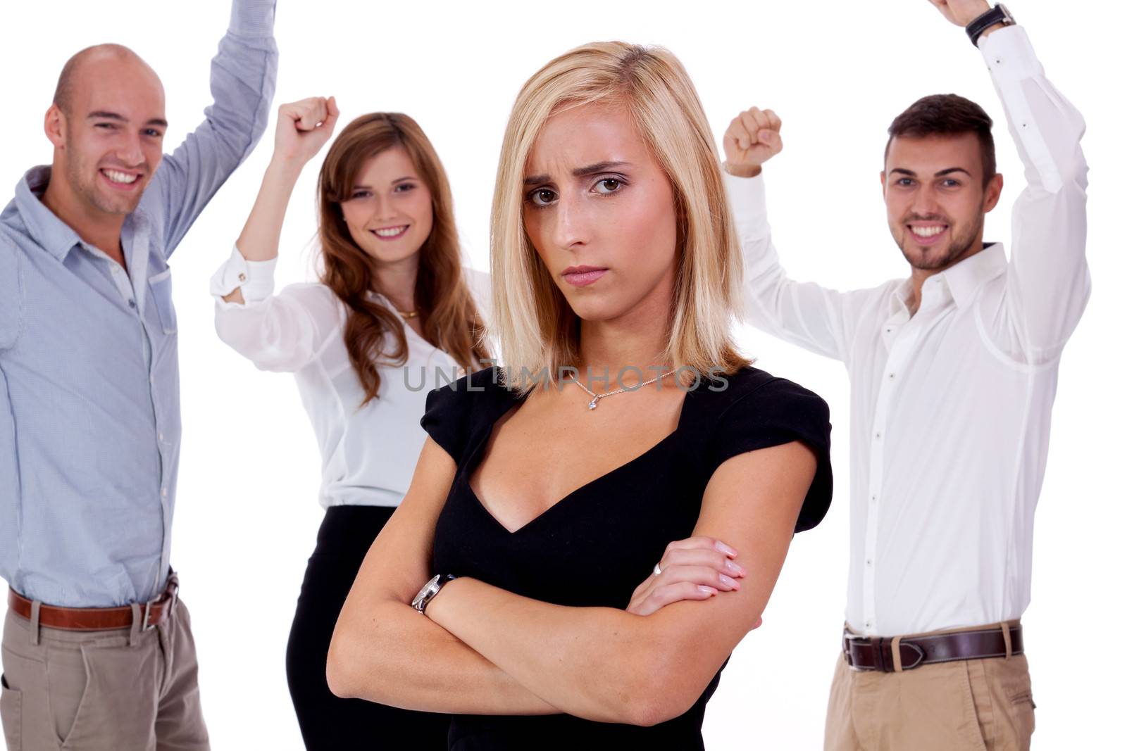 young businesswoman bullying mobbing by team isolated on white portrait