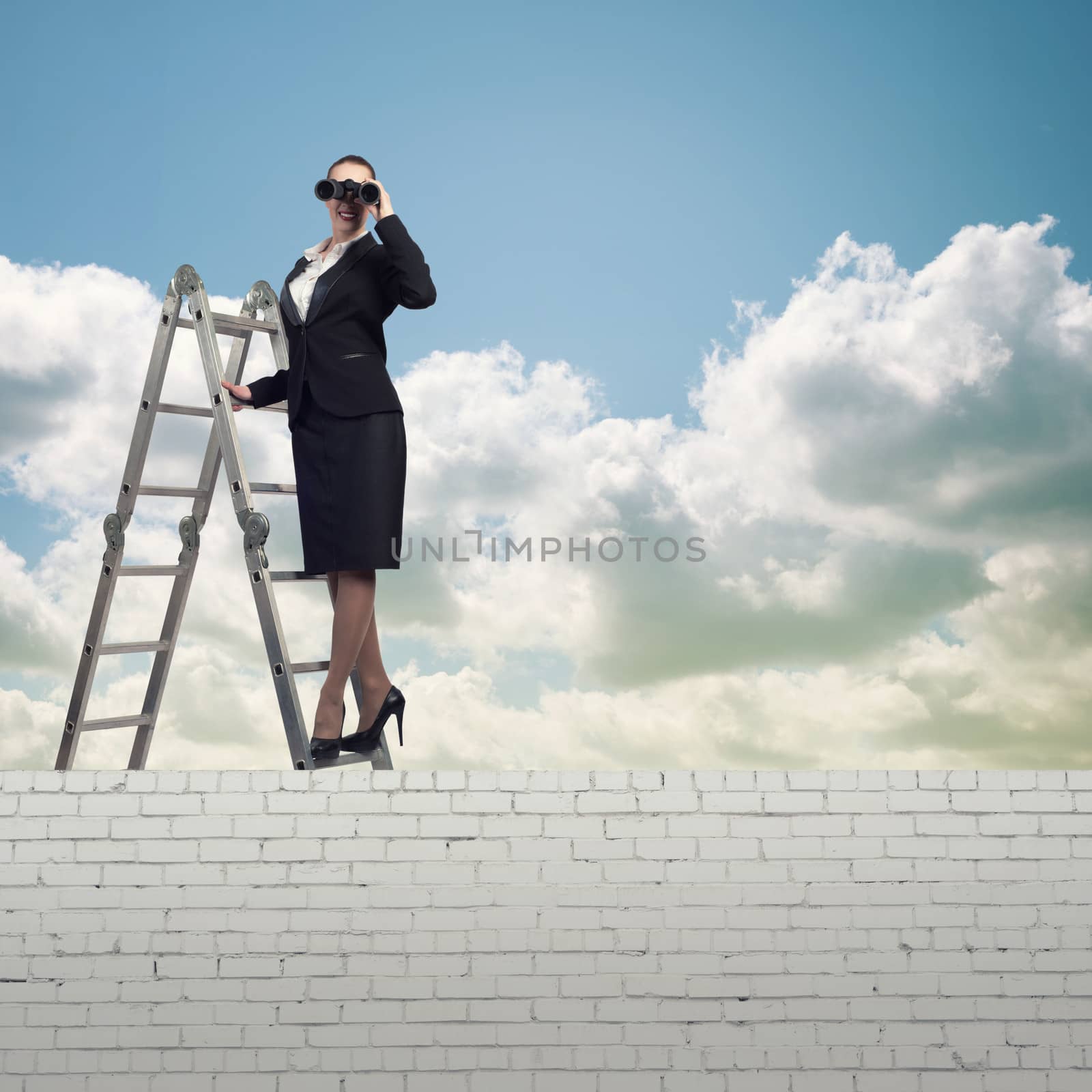 businesswoman climbed a ladder and looking through binoculars