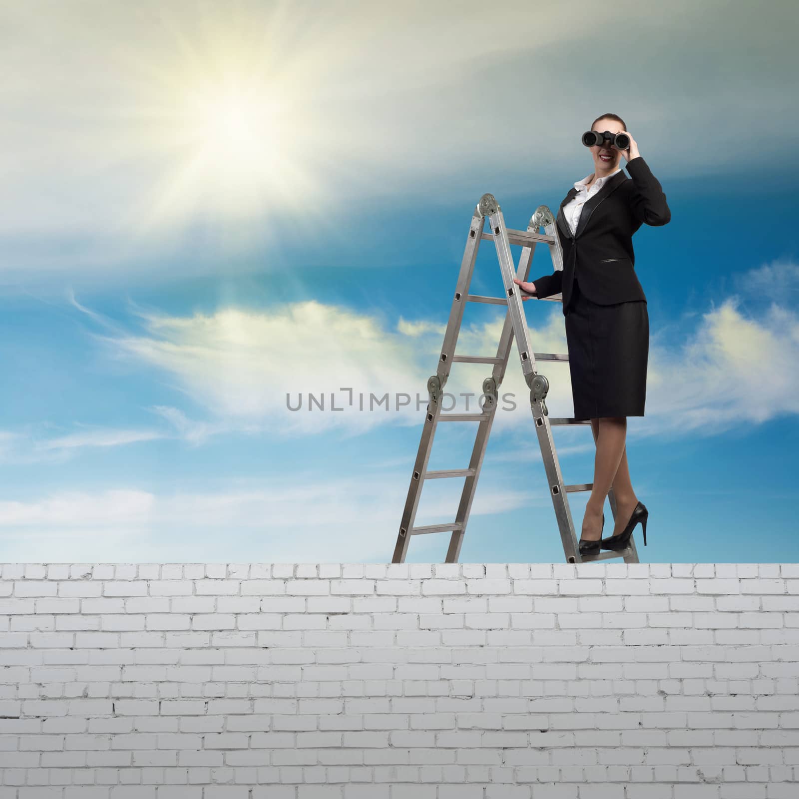 businesswoman climbed a ladder and looking through binoculars