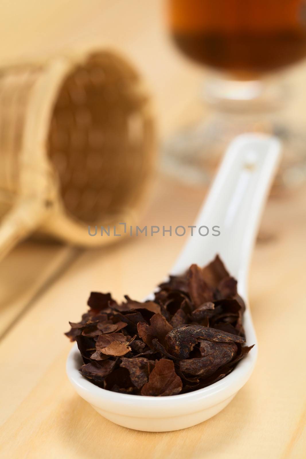 Cacao shell flakes to prepare tea, which is rich in flavonoids and antioxidants (Very Shallow Depth of Field, Focus one third into the flakes)