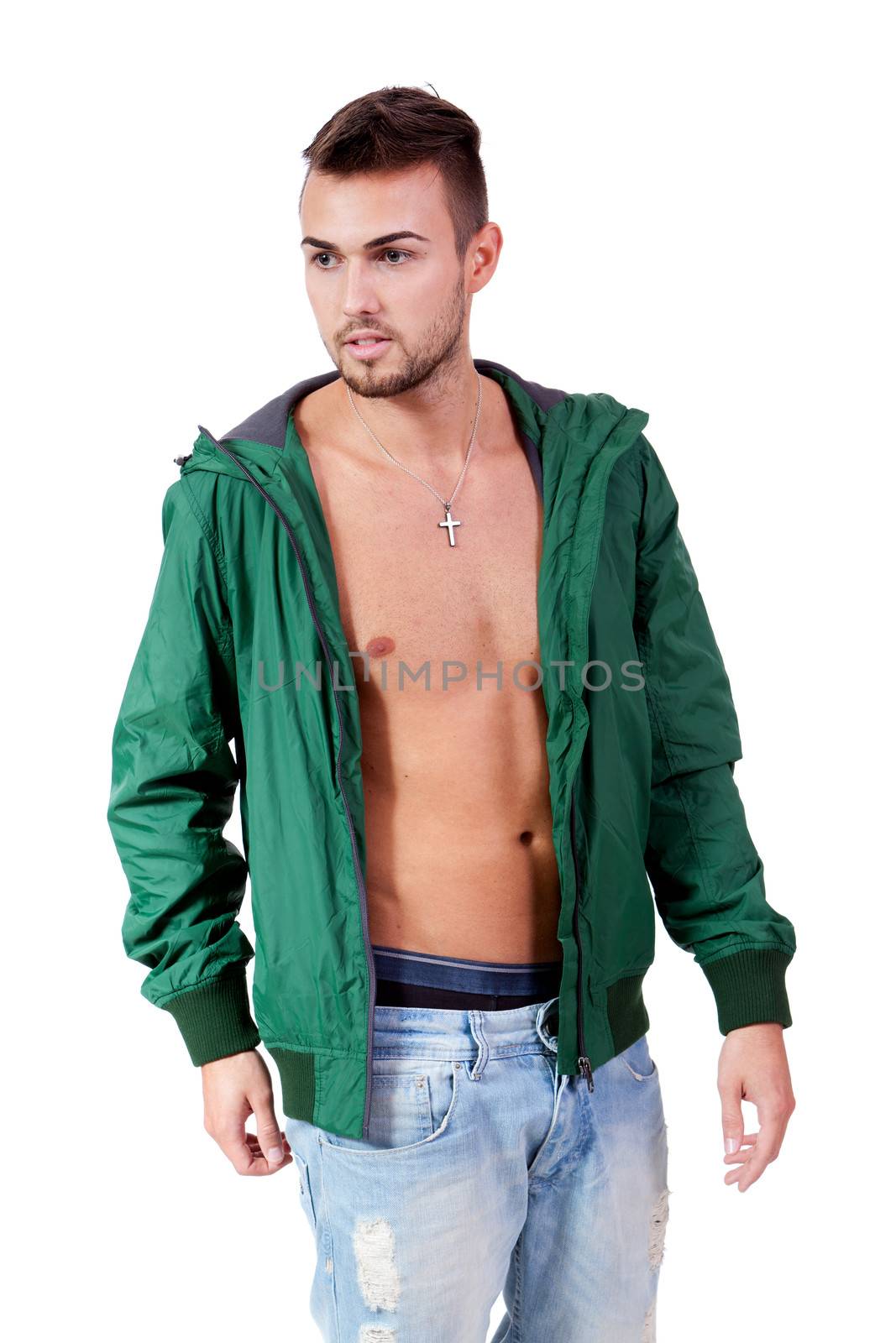 young adult man with green jacket portrait isolated by juniart