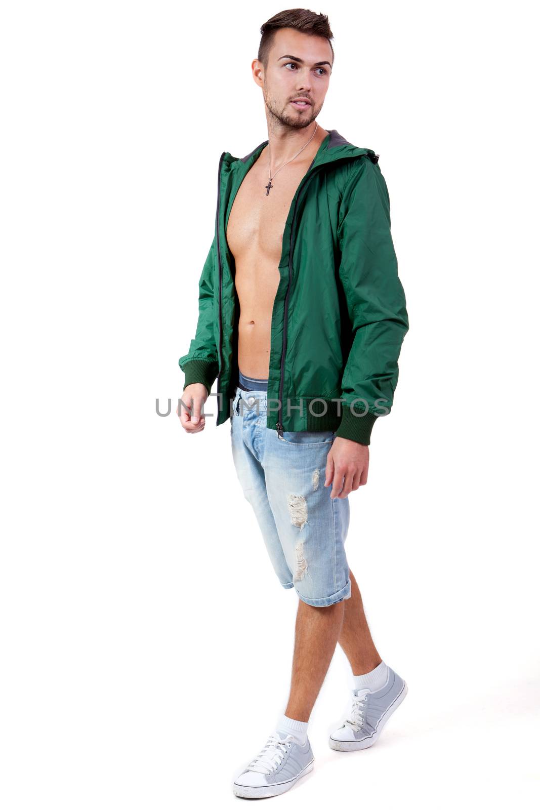 young adult man with green jacket portrait isolated on white