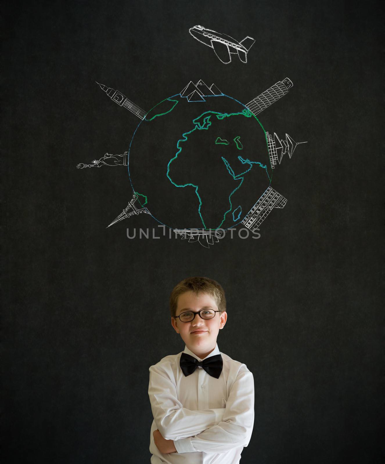 Boy dressed as business man with chalk world wonders on background by alistaircotton