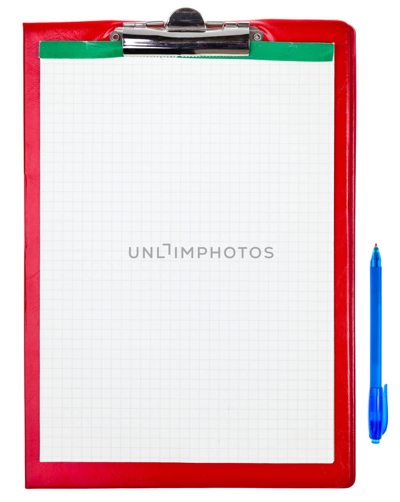Blank paper sheet on red clipboard with pen on white background