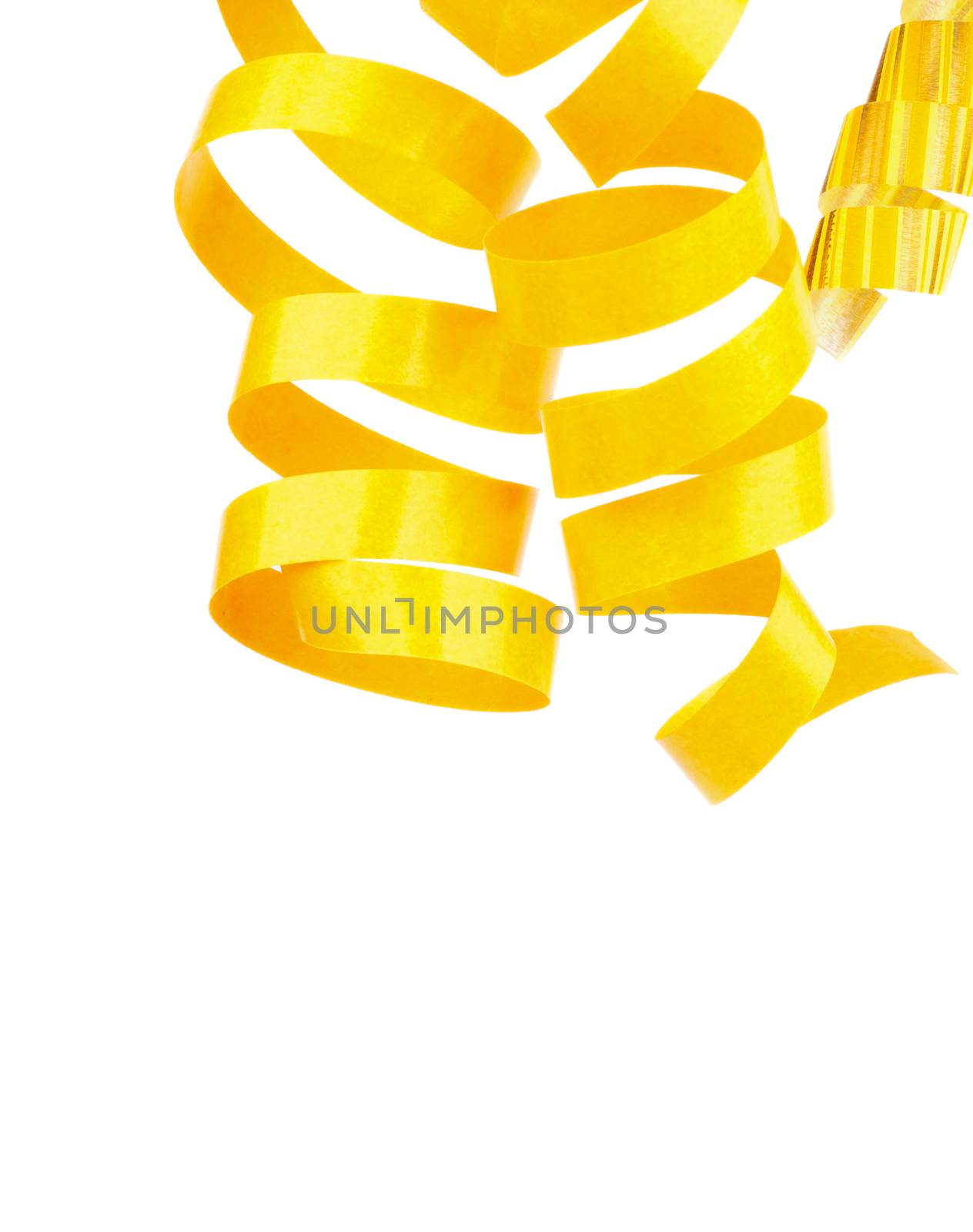 Three Yellow Hanging Curly Party Streamers isolated on white background