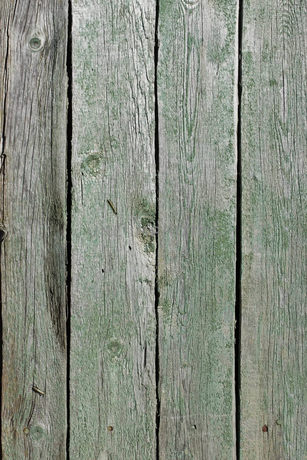 Several parallel old wooden boards with very ragged green paint