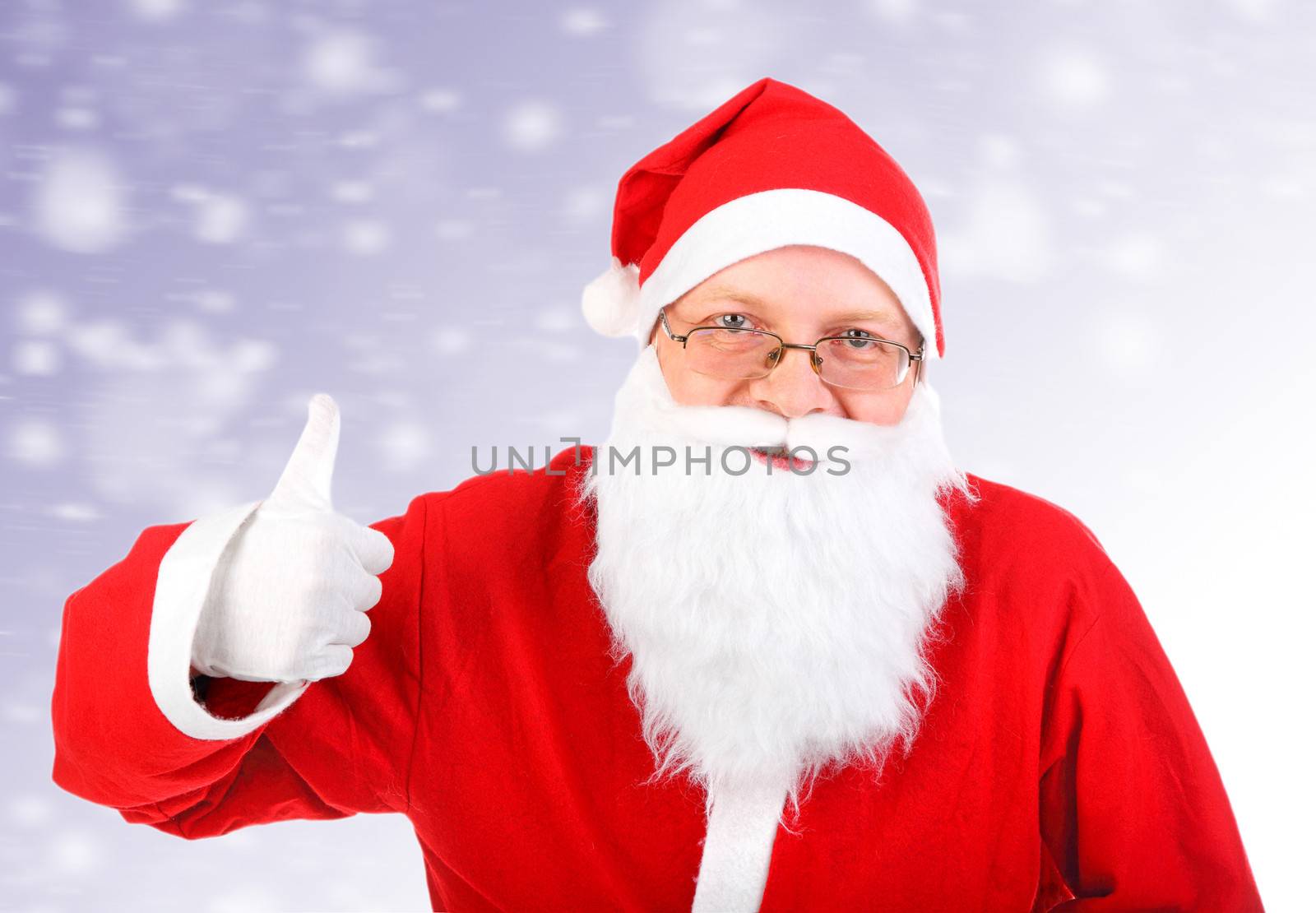 Happy Santa Claus with OK Gesture on the Abstract Winter Background