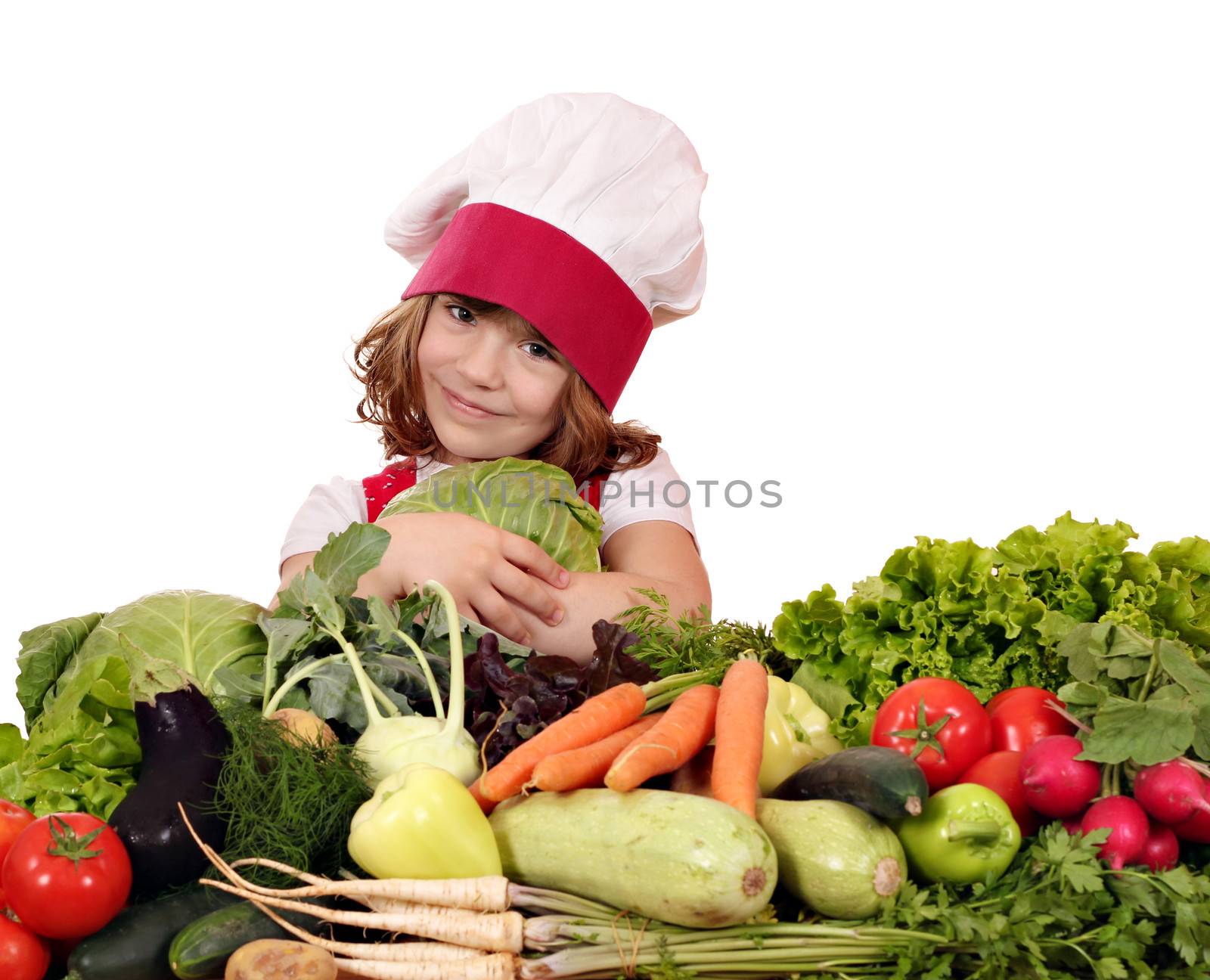 beautiful little girl cook hold cabbage by goce