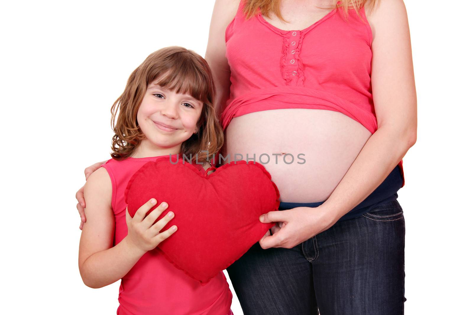daughter with big red heart and pregnant mother 