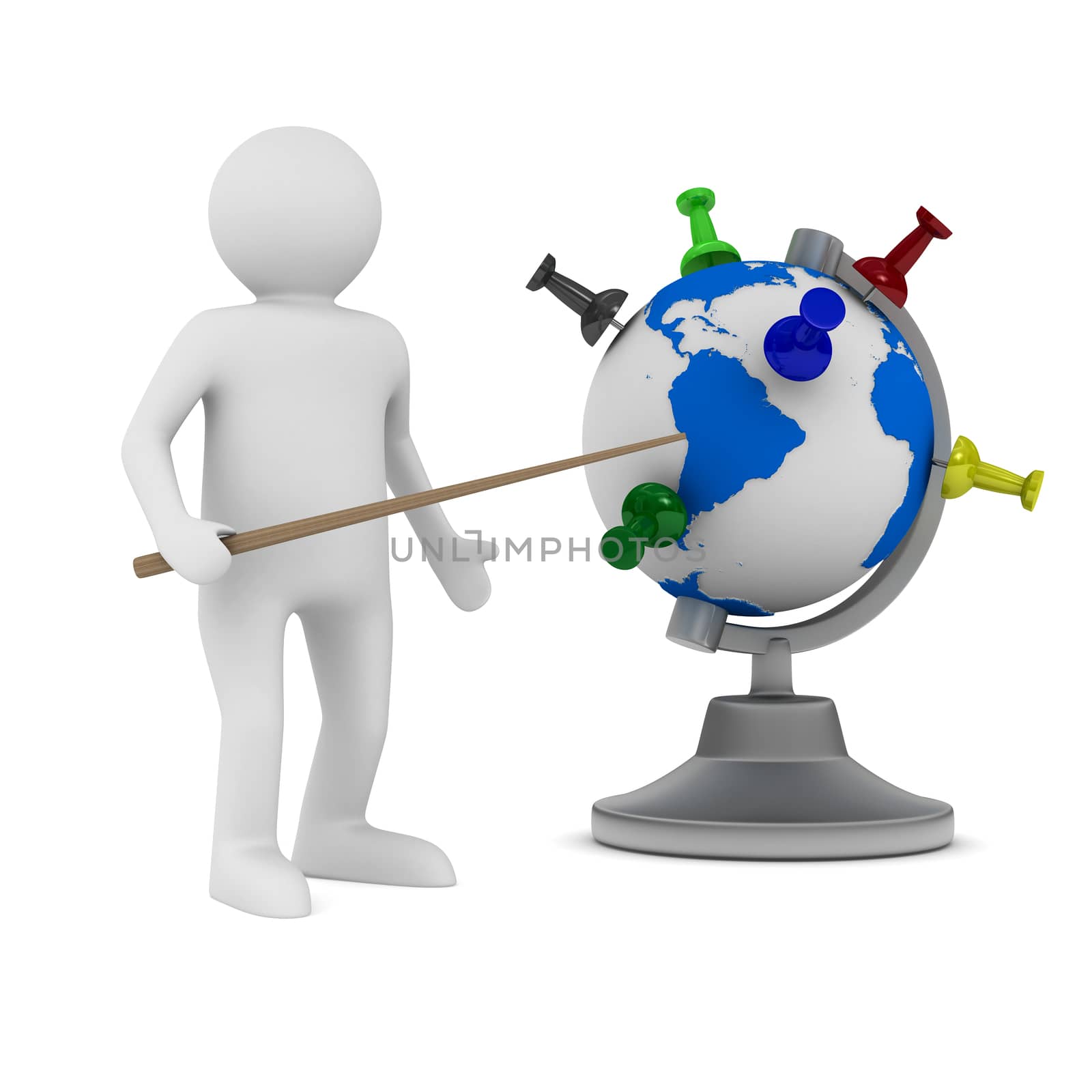 man and globe on white background. Isolated 3D image