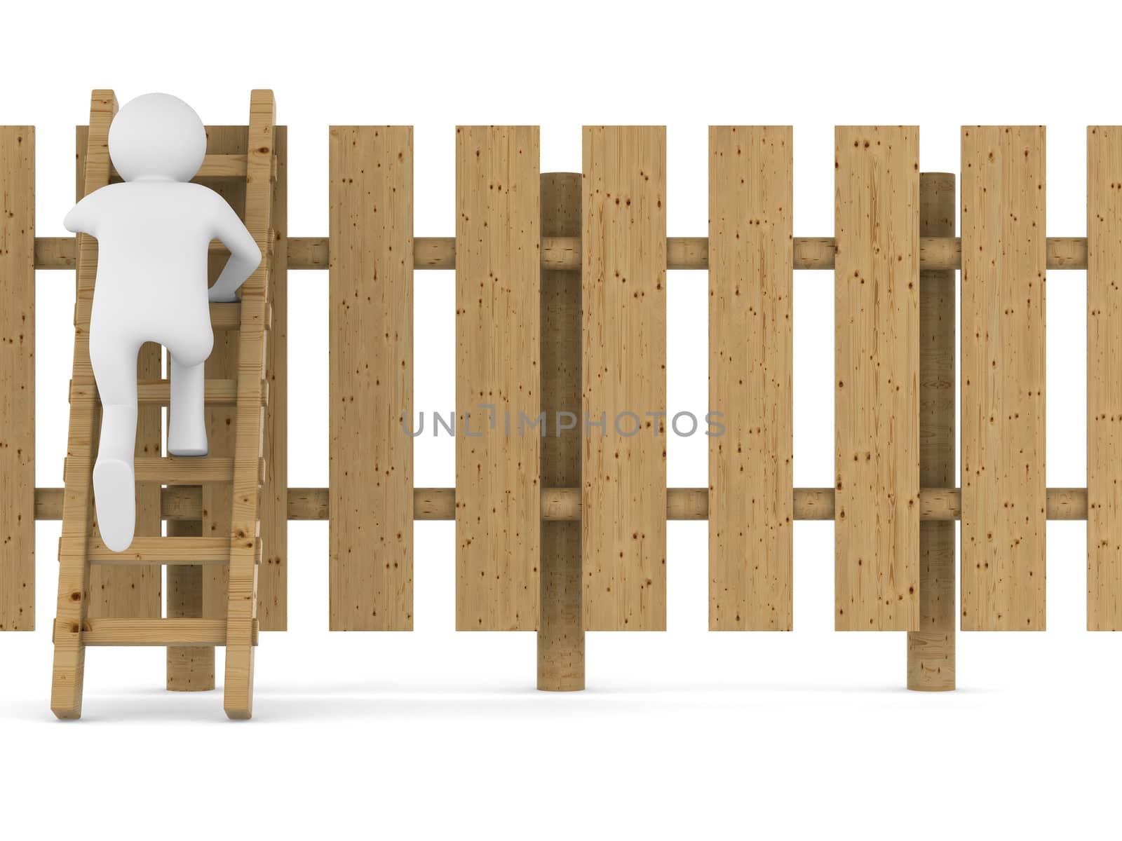 man climbs on ladder through fence. Isolated 3D image