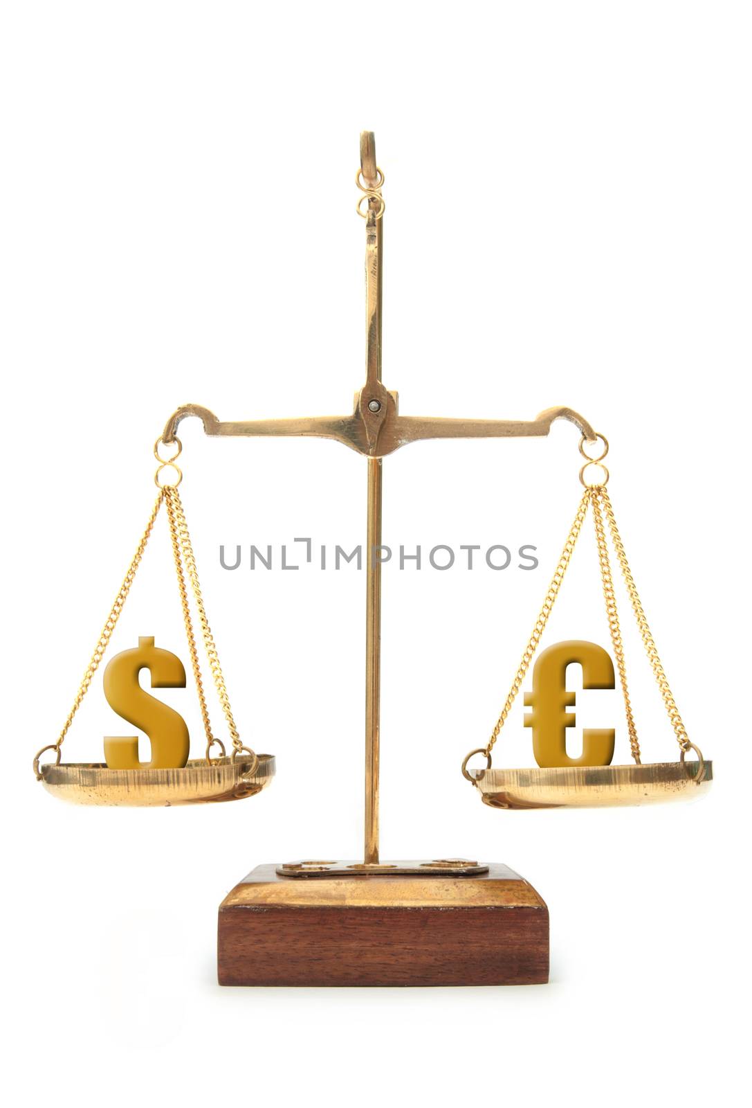Dollar and euro pound symbols balanced on weighing scales 