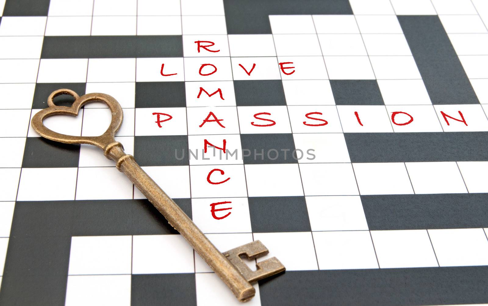 Romance related crossword puzzle with a heartshape  key 