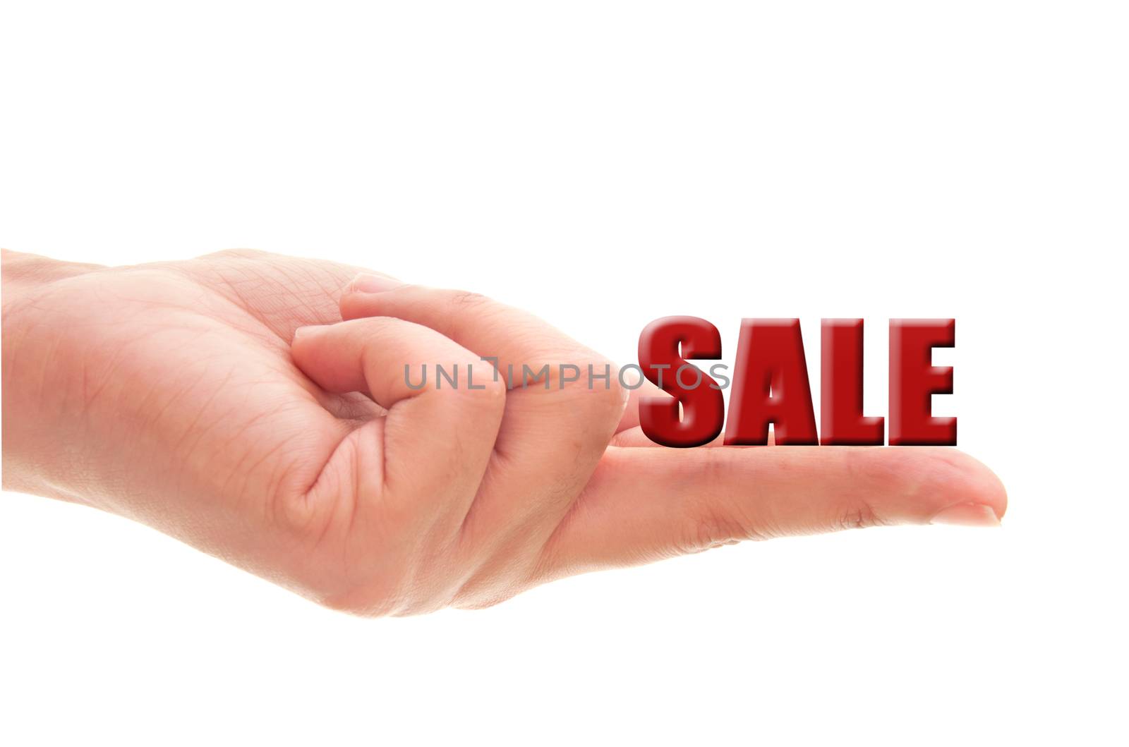 Sale block text resting on a finger 