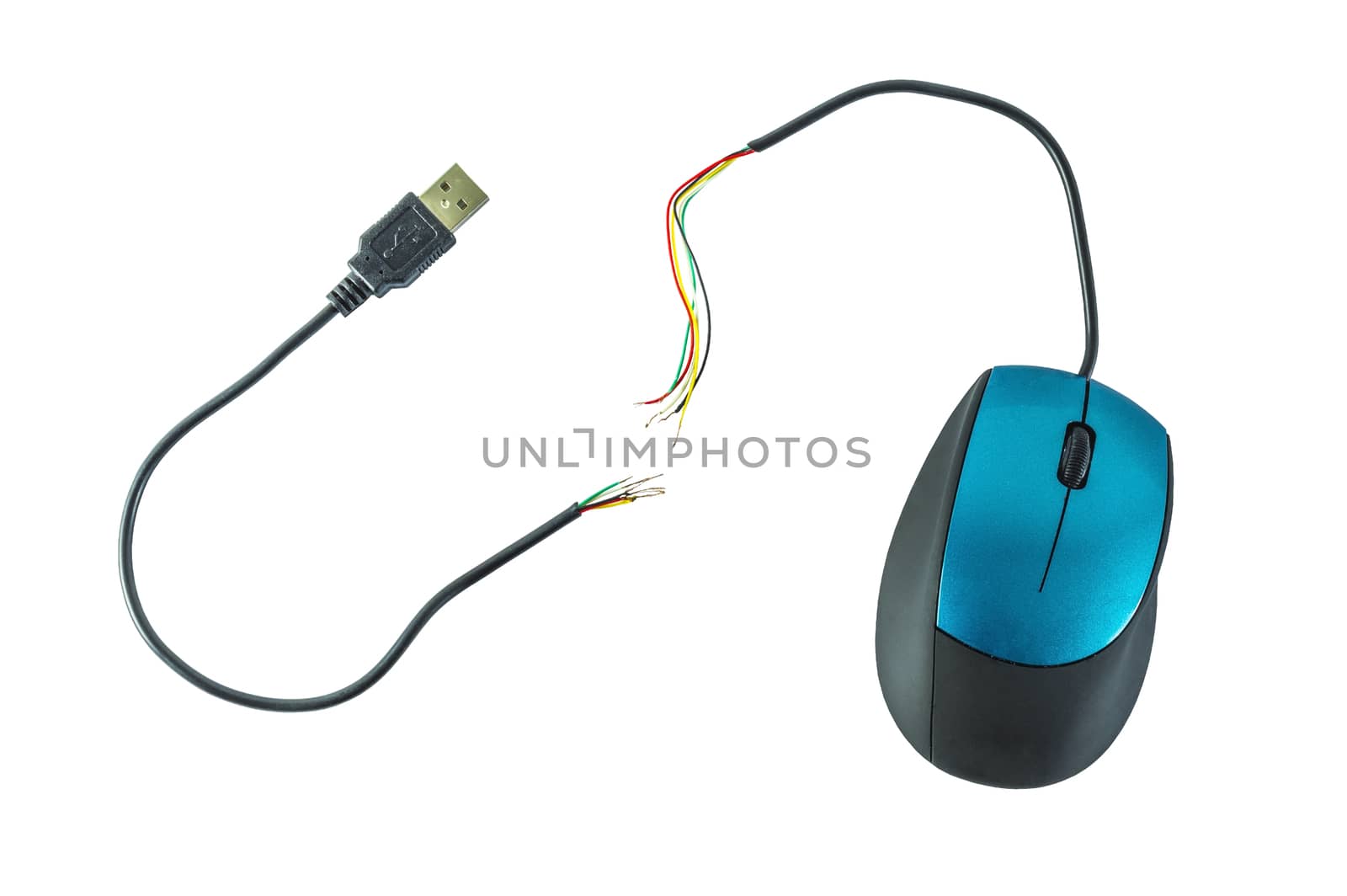 Blue mouse with broken cable isolate on white