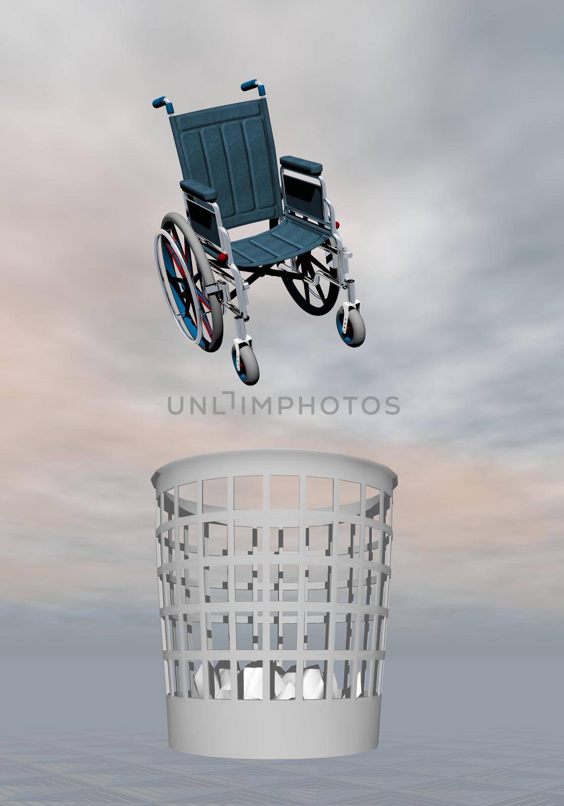 Handicap wheelchair thrown to the rubbish in grey background