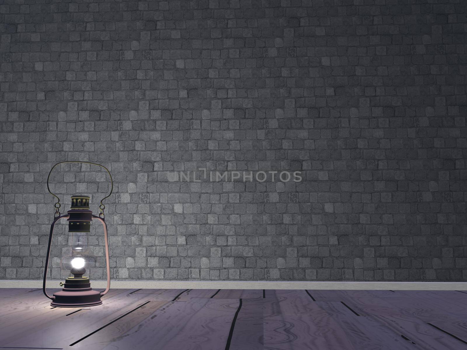 One lantern on old wooden parquet giving light to the room with grey stone brick wall
